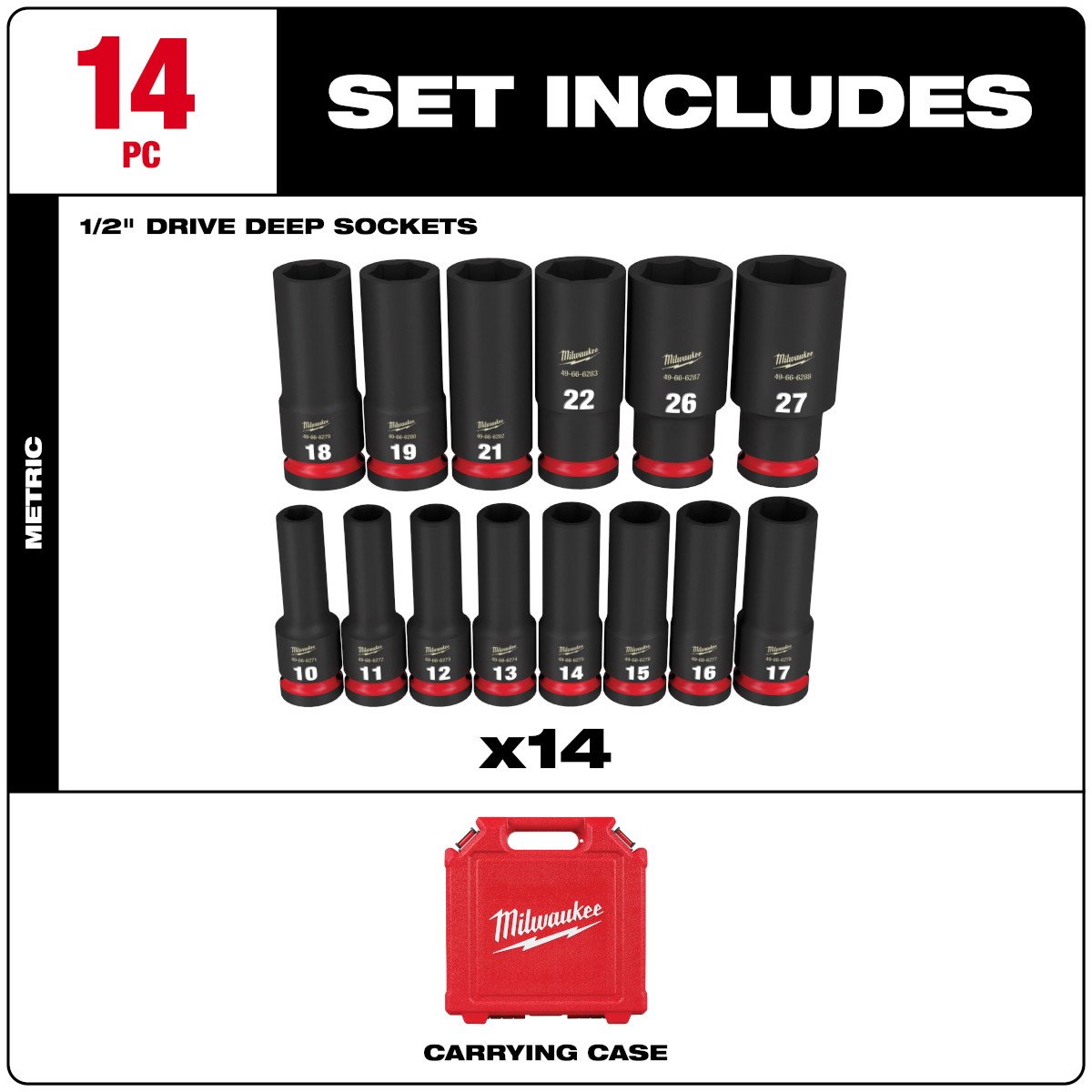 Milwaukee 49-66-7014 14PC SHOCKWAVE Impact Duty™ 1/2" Drive Metric Deep 6 Point Socket Set - feature callout
