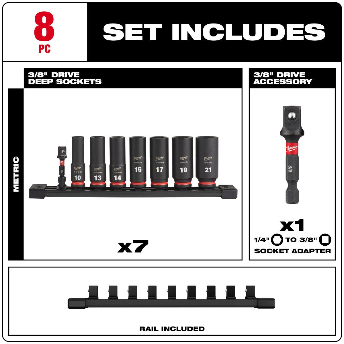 Milwaukee 49-66-7021 8PC SHOCKWAVE Impact Duty™ 3/8" Drive Metric Deep 6 Point Socket Set - feature callout