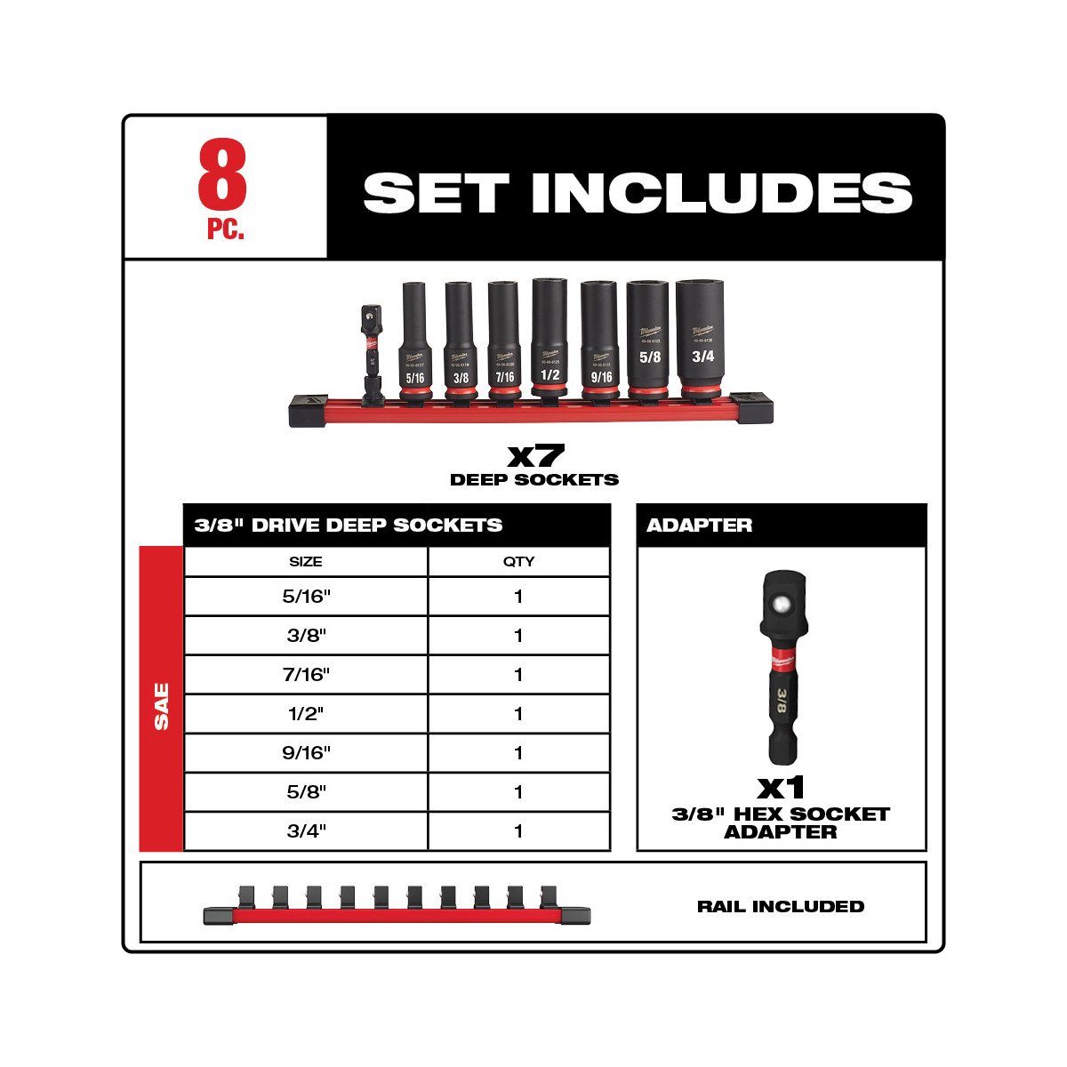 Milwaukee 49-66-7024 8PC SHOCKWAVE Impact Duty™ 3/8" Drive SAE Deep 6 Point Socket Set - feature callout
