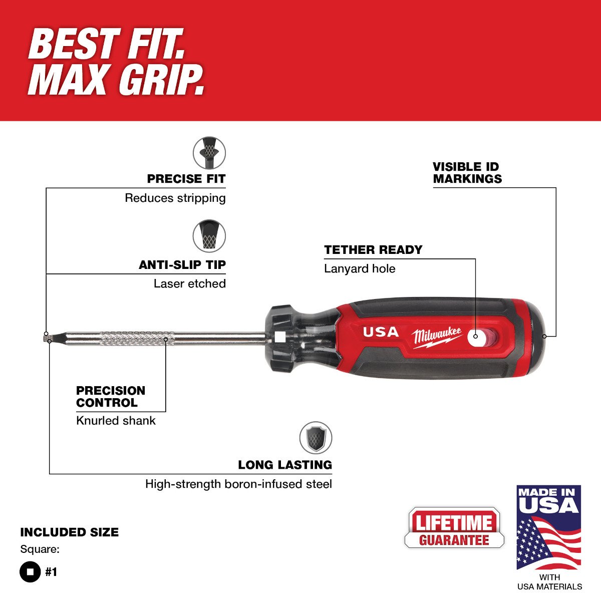 Milwaukee MT217 #1 Square 3" Cushion Grip Screwdriver (USA) - feature callout