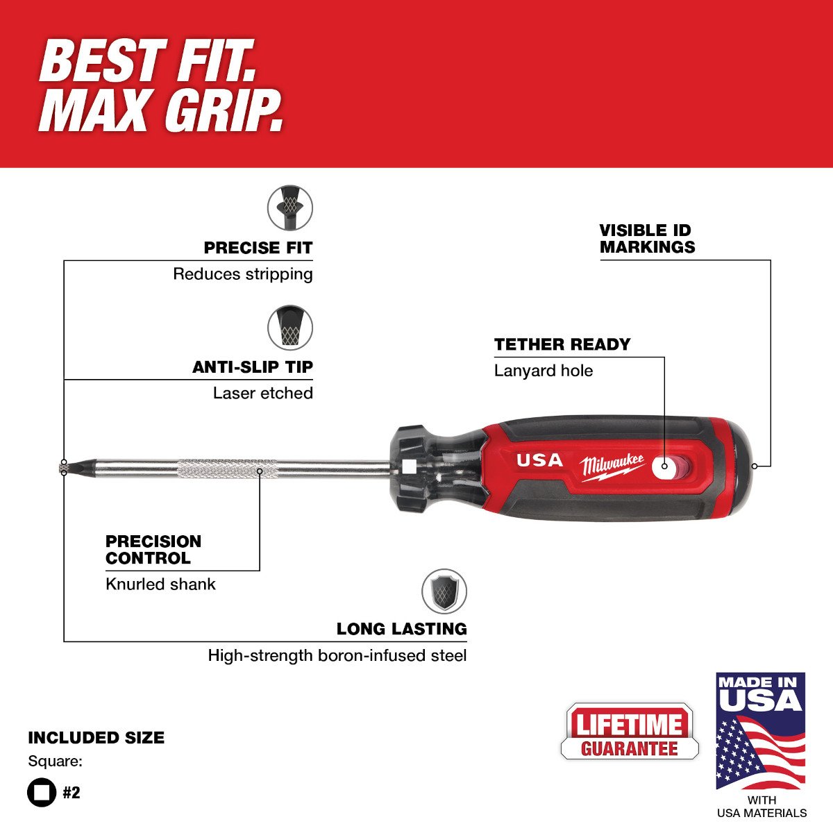 Milwaukee MT218 #2 Square 4" Cushion Grip Screwdriver (USA) - feature callout
