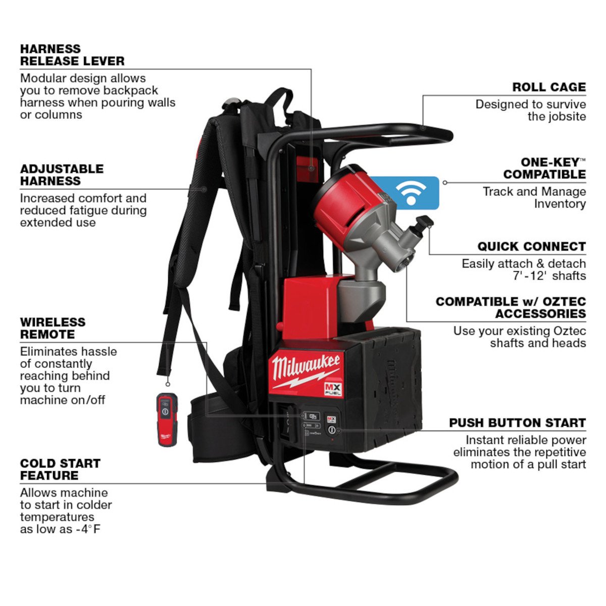 Milwaukee MXF371-2XC MX FUEL™ Backpack Concrete Vibrator Kit - feature callout