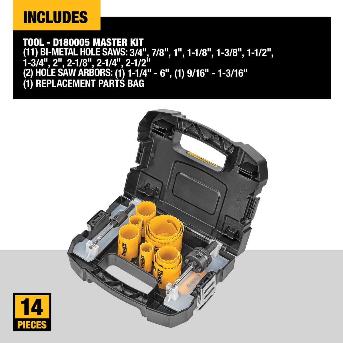 DEWALT D180005 Hole Saw Kit, 14-Piece - feature callout
