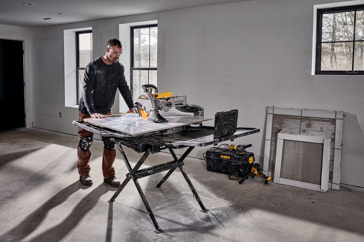 DEWALT D36000S Wet Tile Saw with Stand, High Capacity, 10 in. - in use