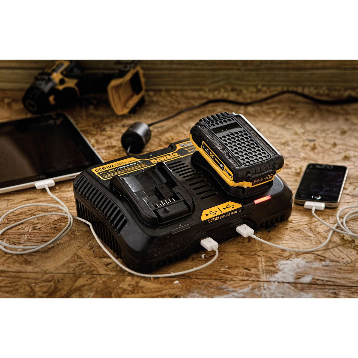 DEWALT DCB102 12V Jobsite Charging Station - in use