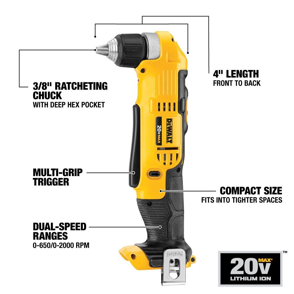 DEWALT DCD740B 20V MAX* Lithium Ion 3/8 in. Right Angle Drill/Driver (Tool Only) - feature callout