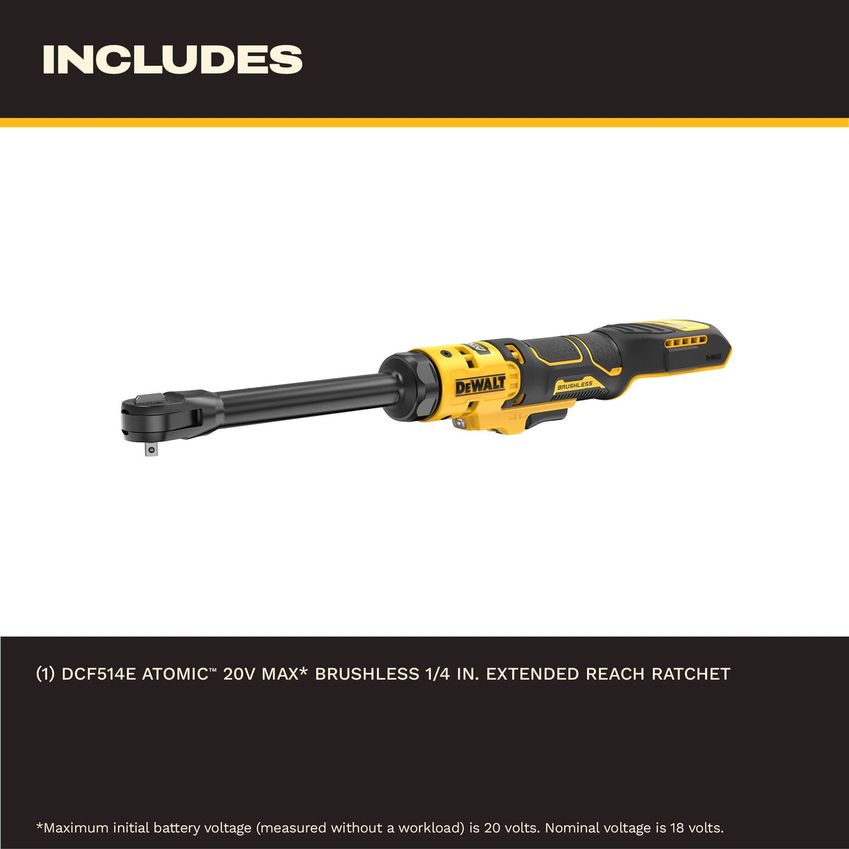DEWALT DCF514EB ATOMIC 20V MAX* Brushless Cordless 1/4 in. Extended Reach Ratchet (Tool Only) - feature callout