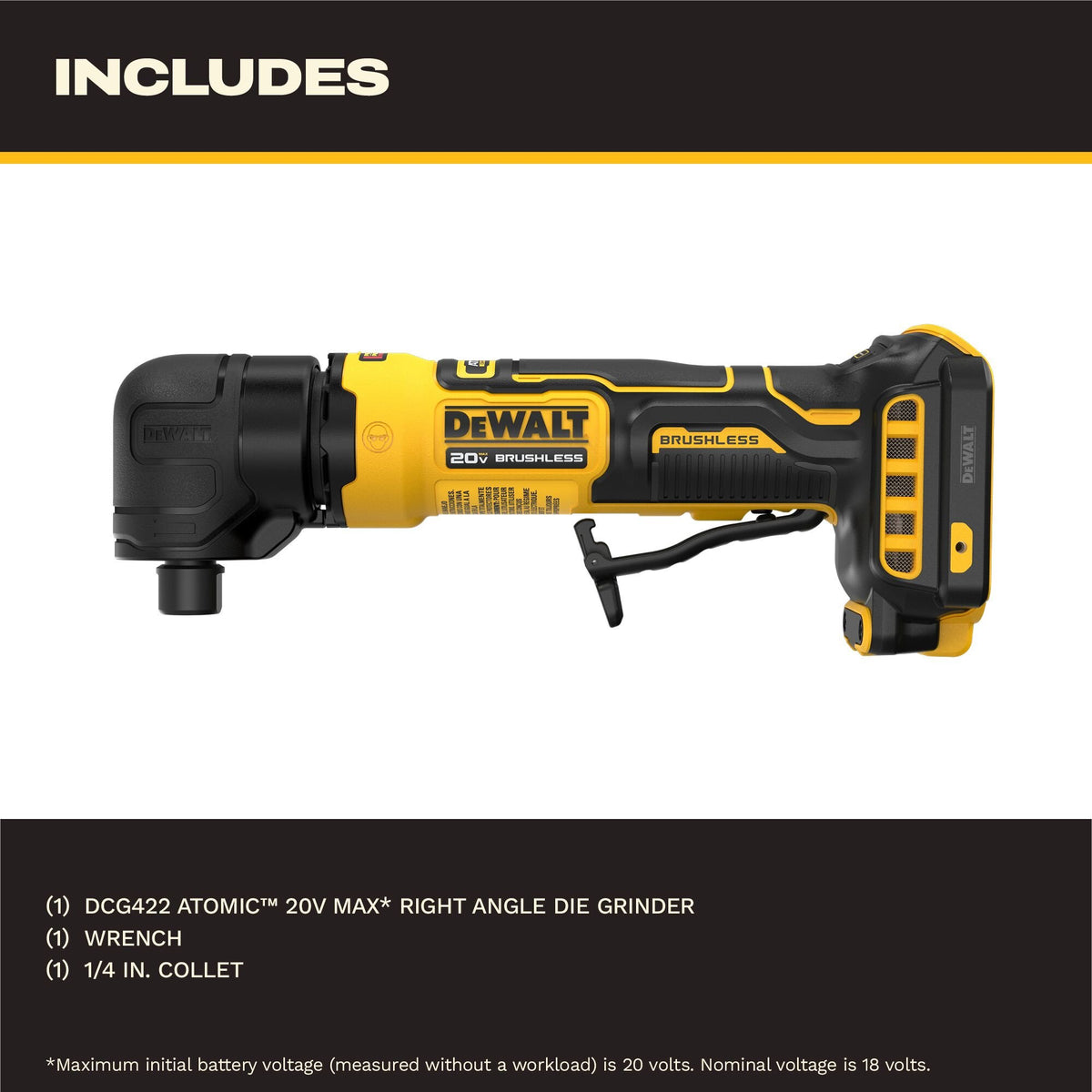 DEWALT DCG422B ATOMIC 20V MAXRight Angle Die Grinder (Tool Only) - feature callout