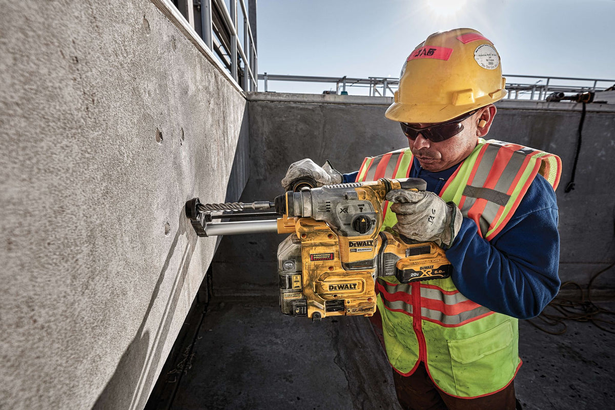 DEWALT DCH293B 20V Max* XR Brushless 1-1/8'' L-Shape Rotary Hammer (Tool Only) - in use