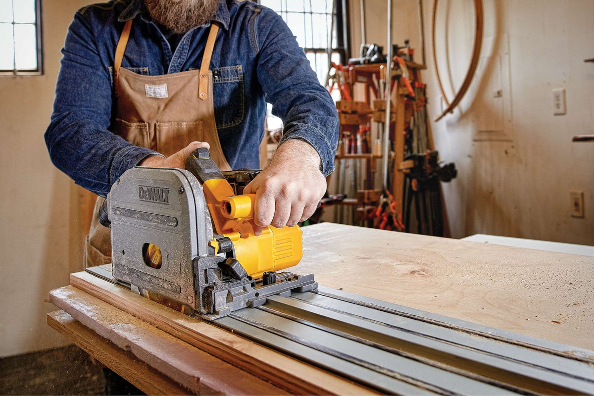 DEWALT DCS520B FLEXVOLT 60V MAX 6-1/2 IN. CORDLESS TRACKSAW (TOOL ONLY) - in use