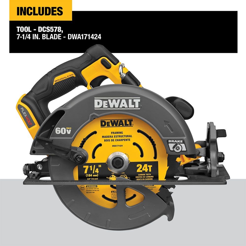 DEWALT DCS578B Flexvolt 60V Max Brushless7-1/4 In. Cordless Circular Saw With Brake (Tool Only) - feature callout
