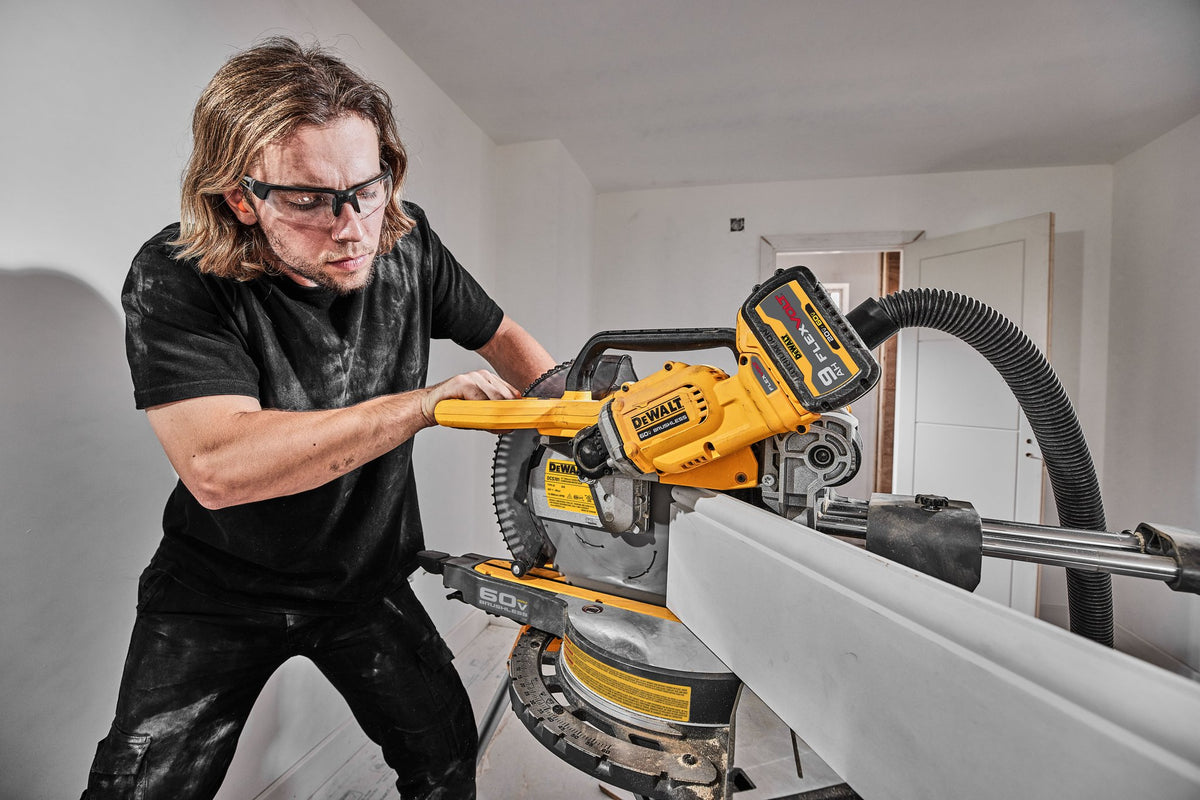 DEWALT DCS781B FLEXVOLT 60V MAX 12 Inch Sliding Miter Saw (Tool-Only) - in use