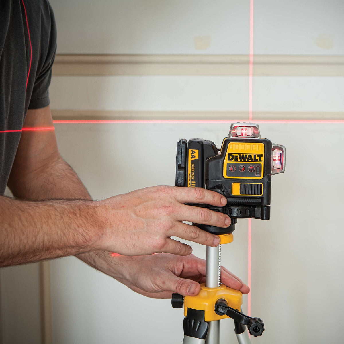 DEWALT DW089LR 12V Max Line Laser, 3 X 360 Degree, Red - in use