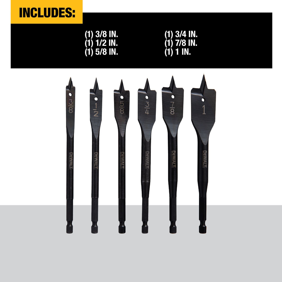 DEWALT DW1587 Drill Bit Set, Spade Bits, Assorted, 3/8-Inch To 1-Inch, 6-Piece - feature callout