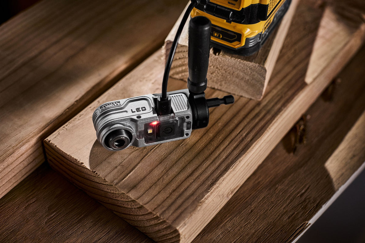 DEWALT DWALRAFT FLEXTORQ Lighted Modular Right Angle Attachment - in use