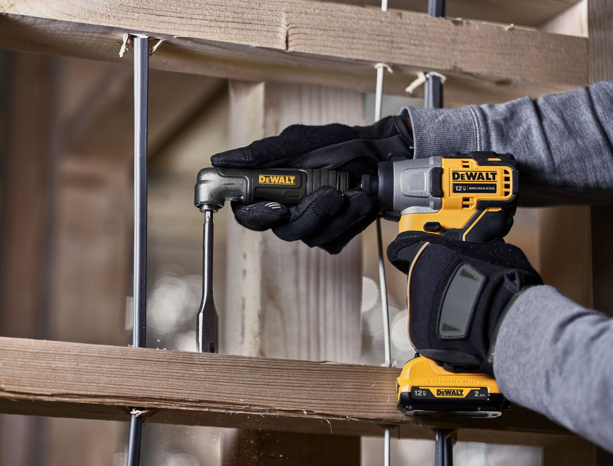 DEWALT DWAMRAFT Right Angle Drill Adaptor, 2-In-1 Attachment - in use