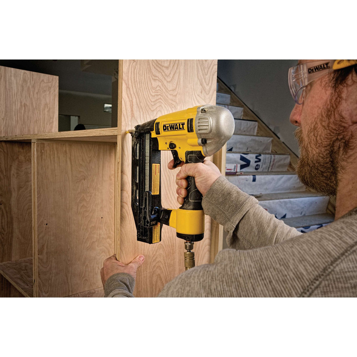 DEWALT DWFP71917 16 Guage Precision Point Finish Nailer - in use