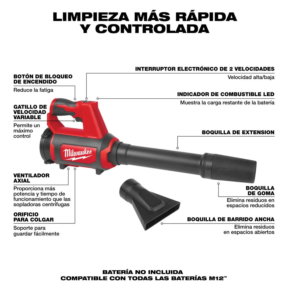 Milwaukee 0852-20 M12 COMPACT SPOT BLOWER - TOOL ONLY - feature callout