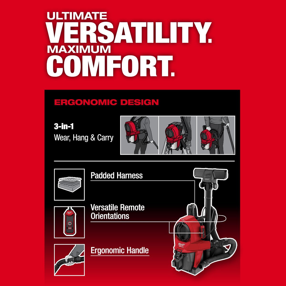 Milwaukee 0895-20 M18 FUEL™ 3-in-1 Backpack Vacuum - feature callout