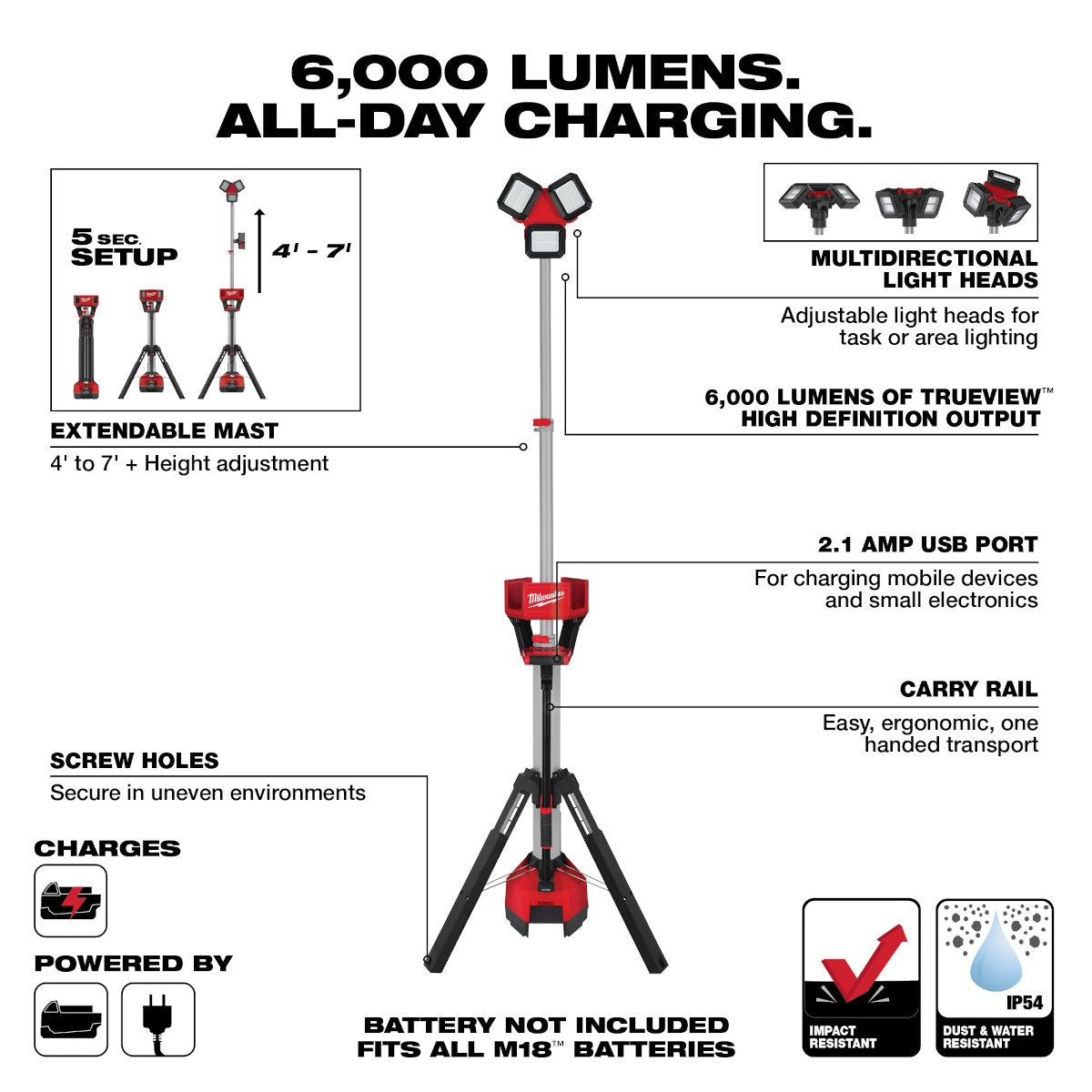 Milwaukee 2136-20 M18™ ROCKET™ Tower Light/Charger - feature callout