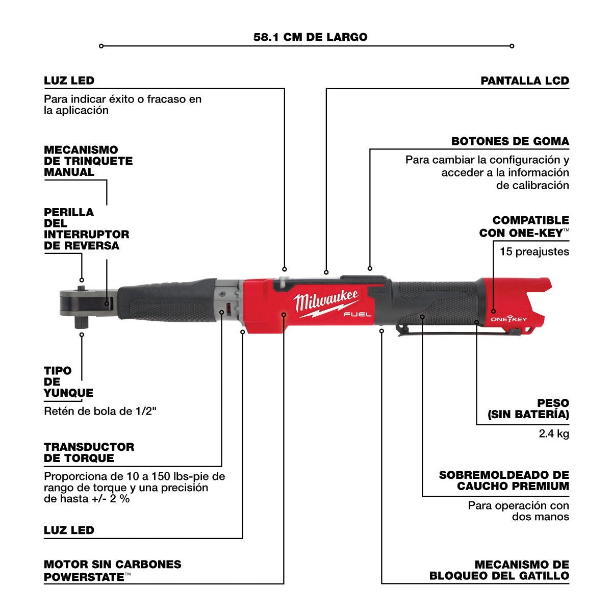 Milwaukee 2466-20 M12 FUEL™ 1/2 in. Digital Torque Wrench with ONE-KEY™ - feature callout