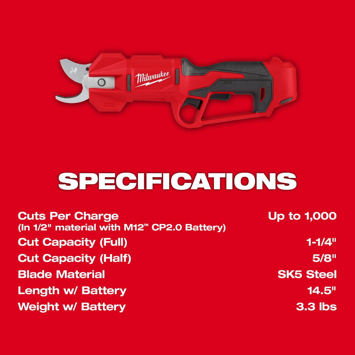 Milwaukee 2534-21 M12™ Brushless Pruning Shears Kit - feature callout