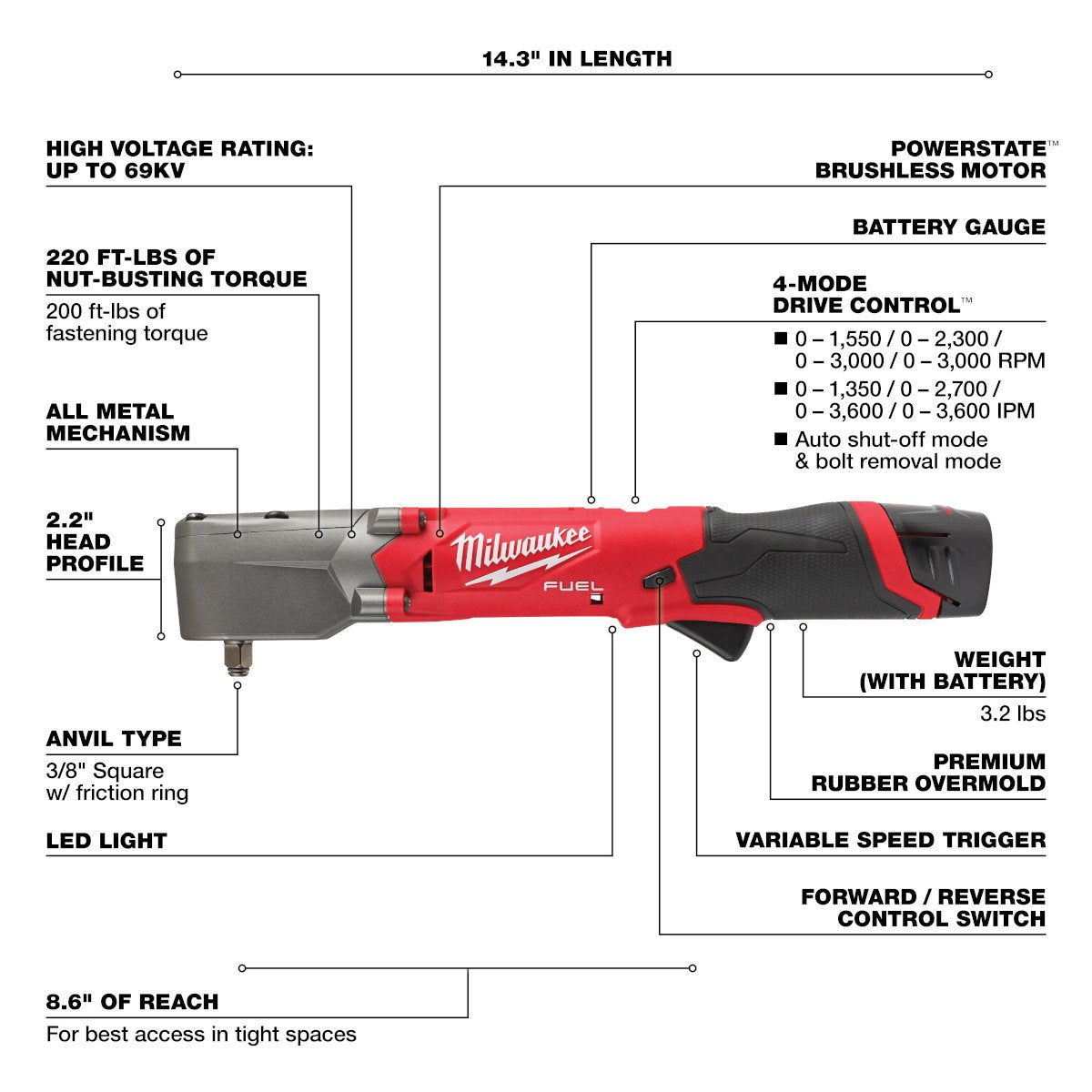 Milwaukee 2564-22 M12 FUEL™ 3/8" Right Angle Impact Wrench Kit - feature callout