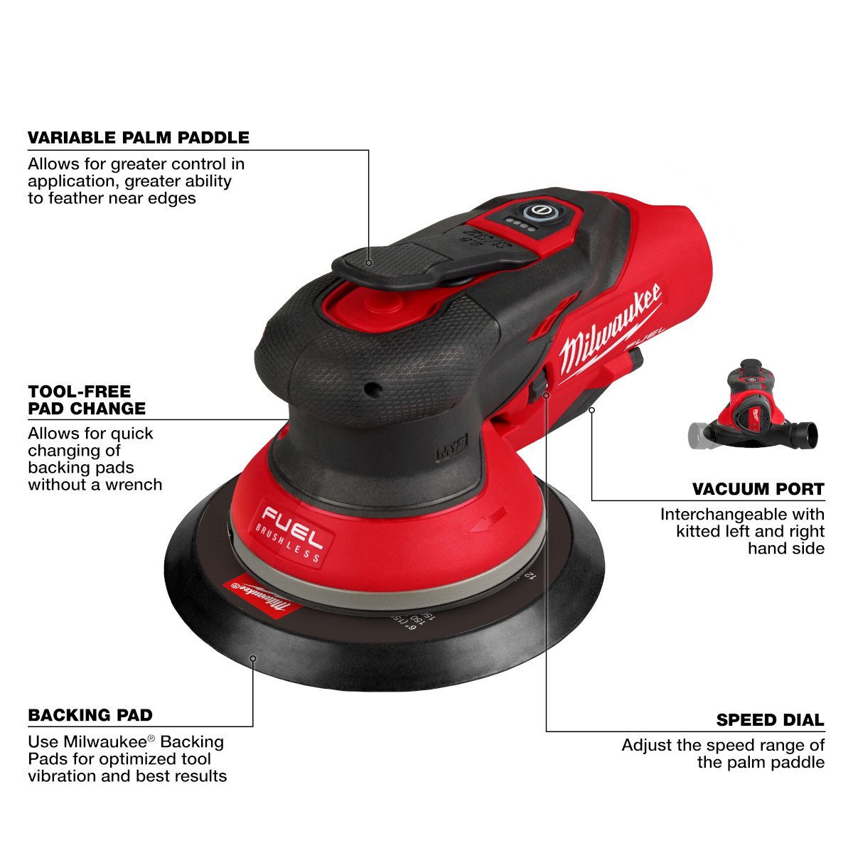 Milwaukee 2584-20 M12 FUEL™ 6" Random Orbital Sander (3/32") - feature callout