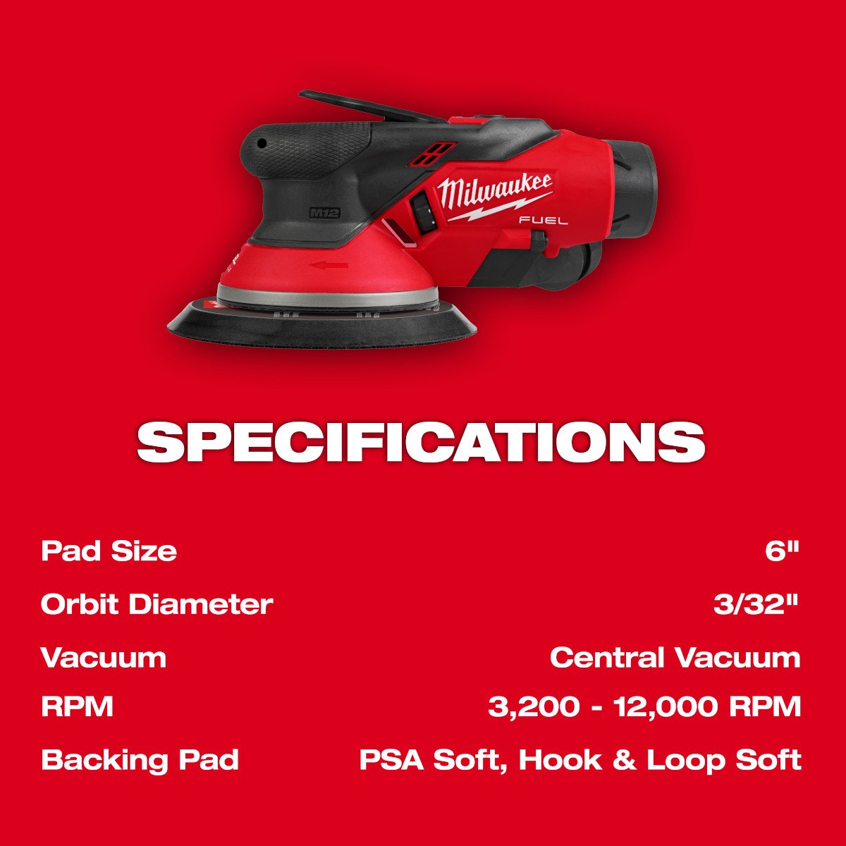 Milwaukee 2584-22CX M12 FUEL™ 6" Random Orbital Sander Kit (3/32") - feature callout