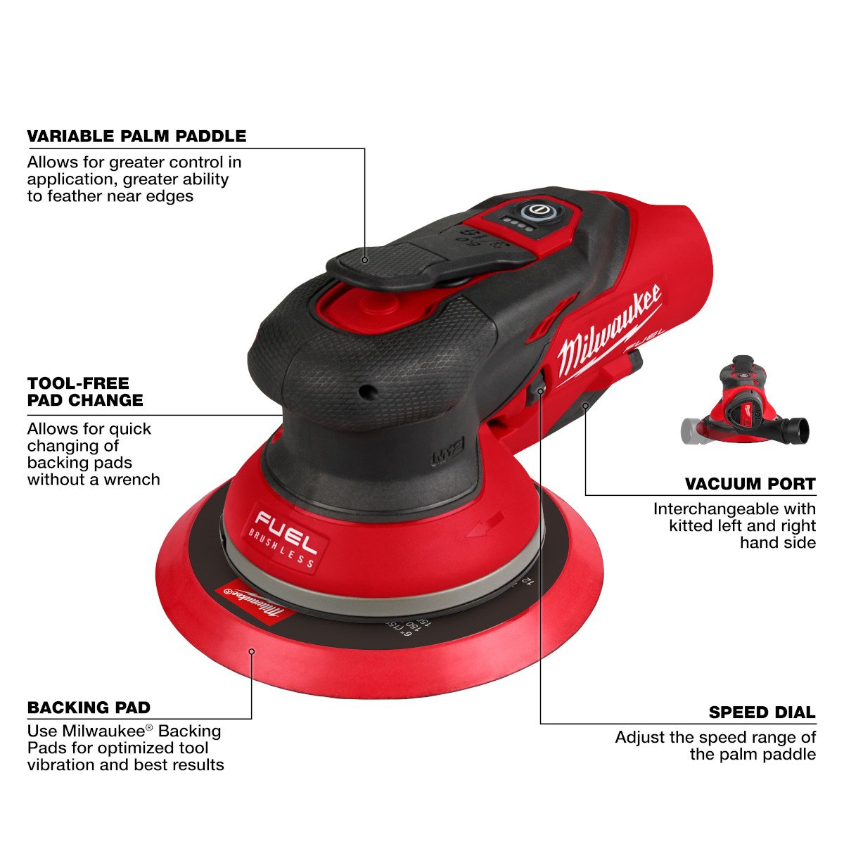 Milwaukee 2585-20 M12 FUEL™ 6" Random Orbital Sander (3/16") - feature callout