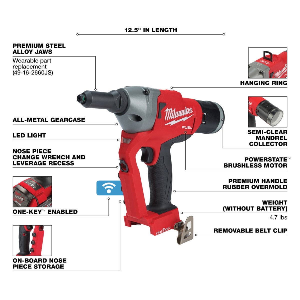 Milwaukee 2660-20 M18 FUEL™ 1/4" Blind Rivet Tool w/ ONE-KEY™ - feature callout