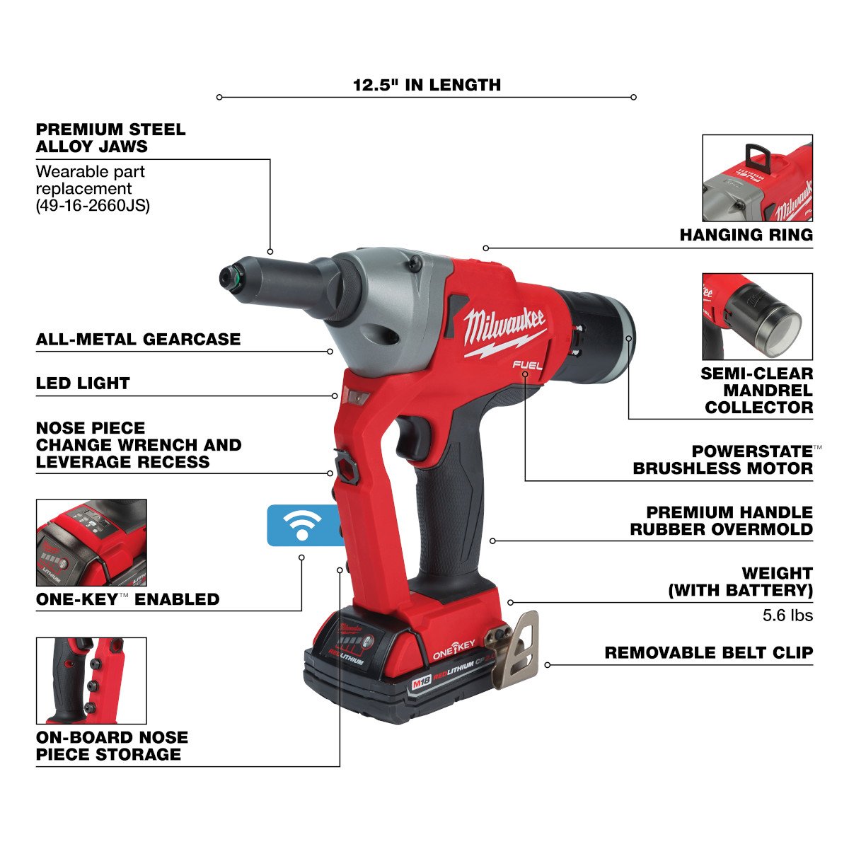 Milwaukee 2660-22CT M18 FUEL™ 1/4" Blind Rivet Tool w/ ONE-KEY™ Kit - feature callout