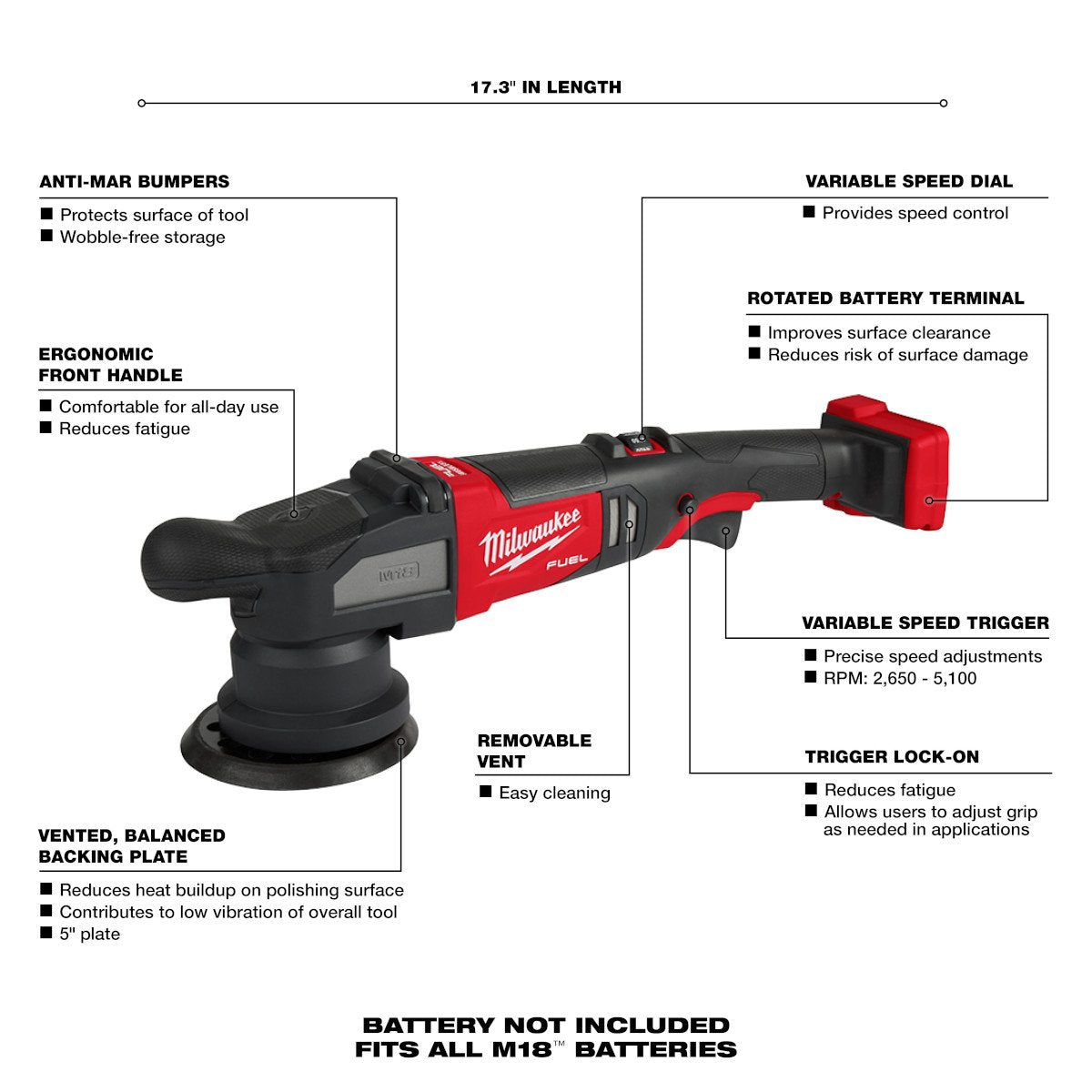 Milwaukee 2684-20 M18 FUEL™ 15mm Random Orbital Polisher - feature callout