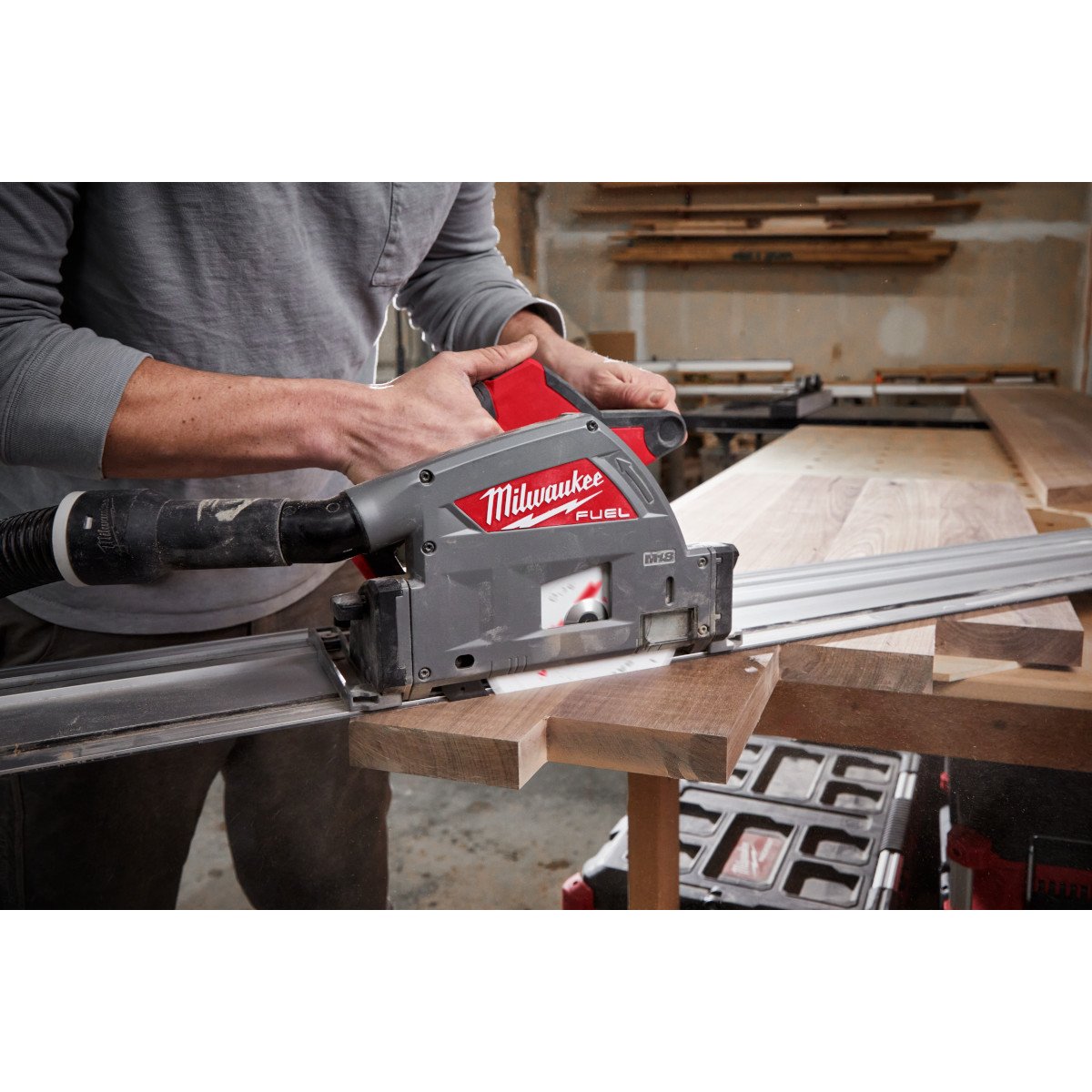 Milwaukee 2831-20 M18 FUEL™ 6-1/2” Plunge Track Saw - in use
