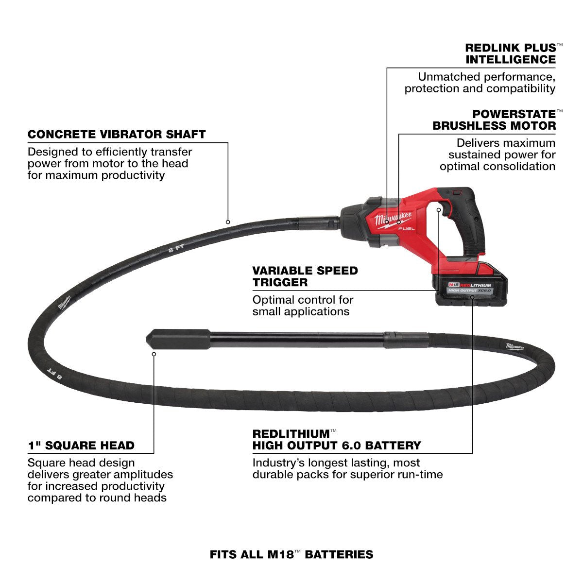 Milwaukee 2911-21 M18 FUEL™ 8' Concrete Pencil Vibrator Kit - feature callout