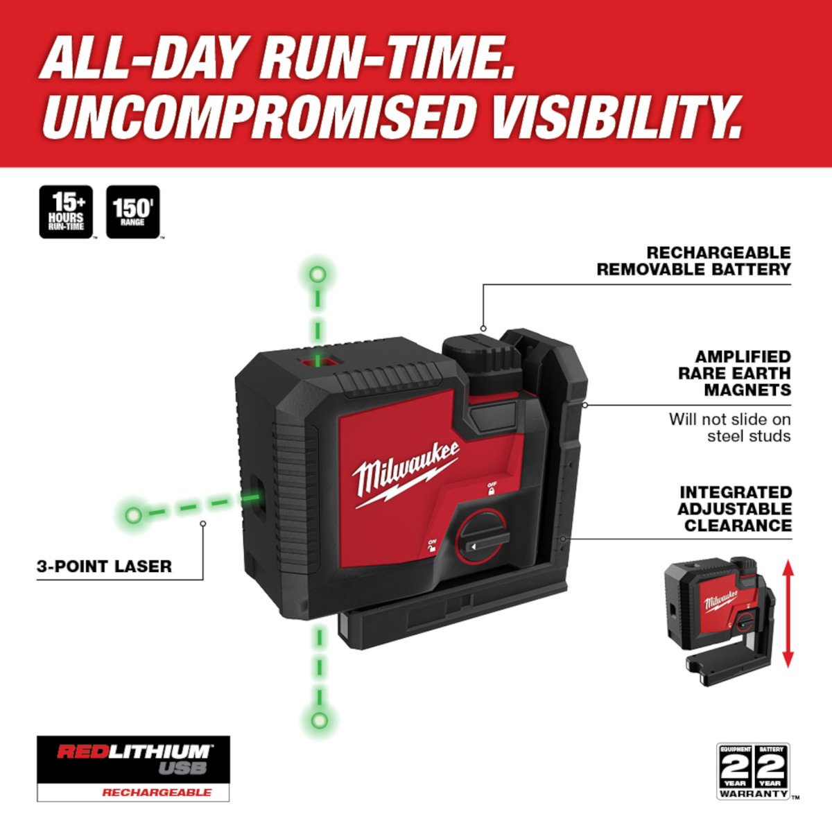 Milwaukee 3510-21 USB Rechargeable Green 3-Point Laser - feature callout