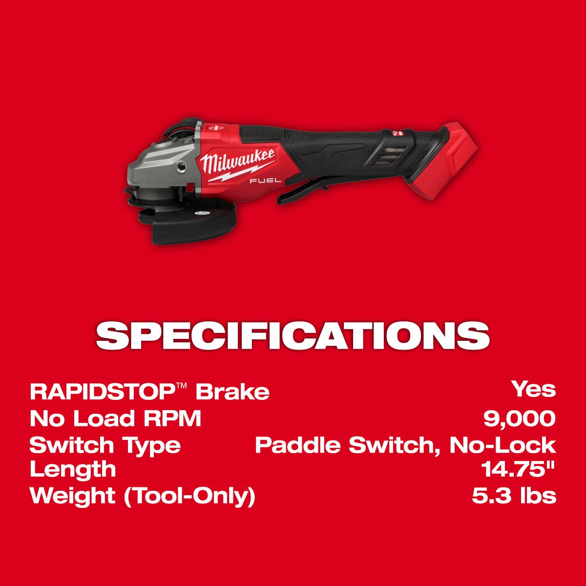 Milwaukee 3670-20 M18 FUEL™ 4-1/2"-6" Braking Grinder, Paddle Switch - feature callout