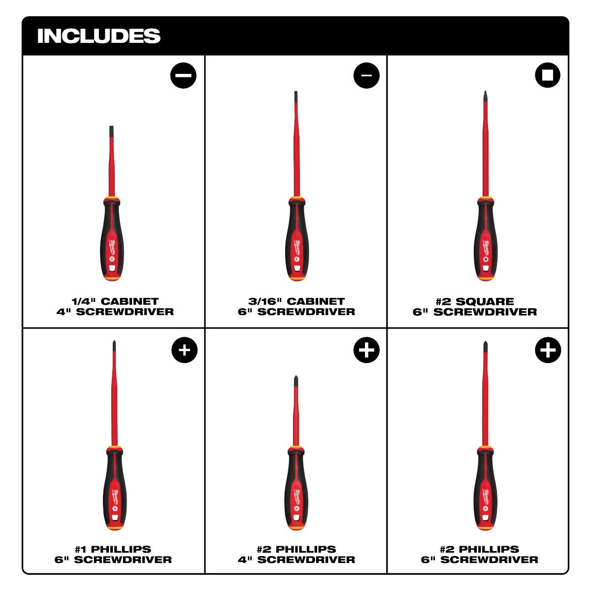 Milwaukee 48-22-2206 6pc 1000V Insulated Slim Tip Screwdriver Set - feature callout