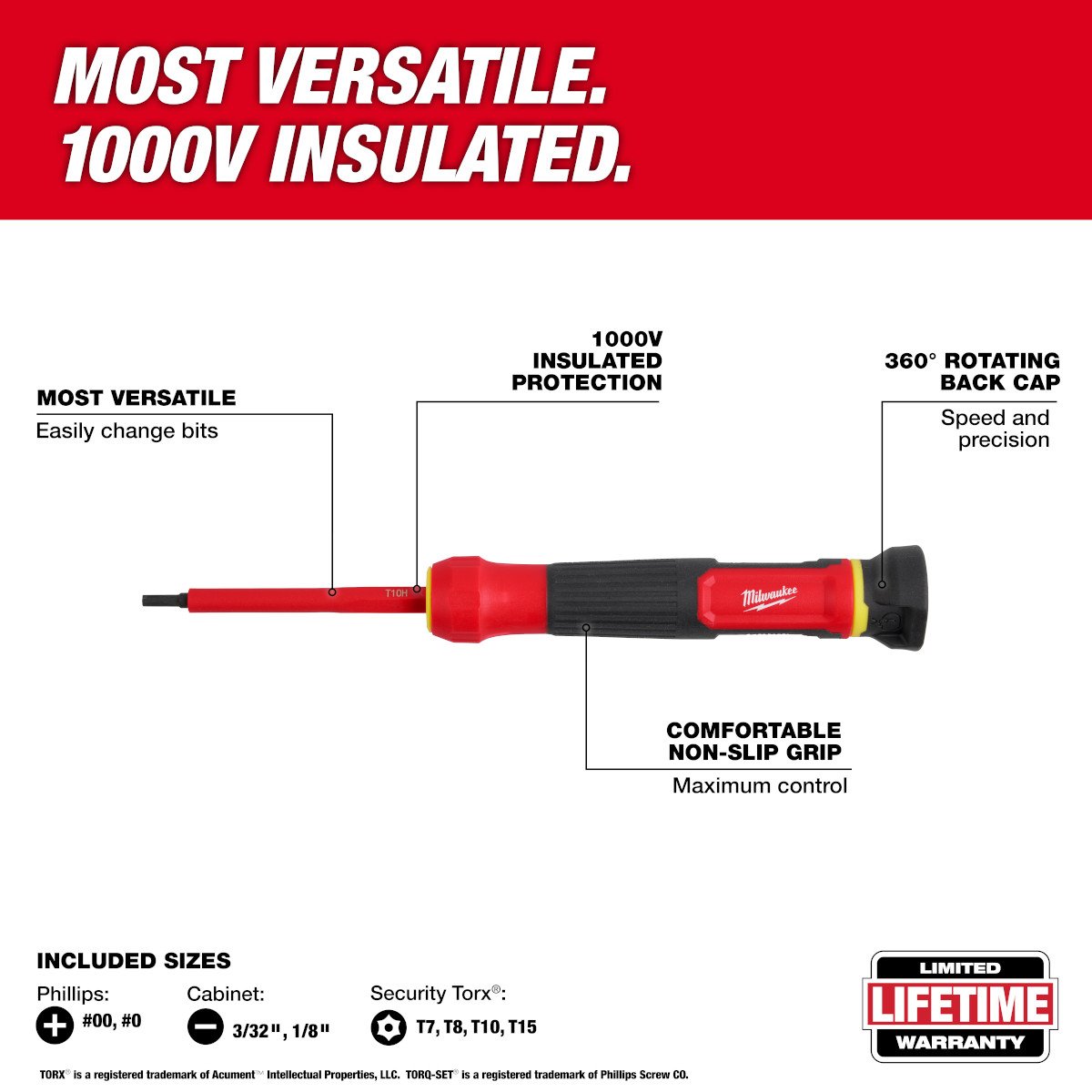 Milwaukee 48-22-2217 8-in-1 1000V Insulated Precision Multi-Bit Screwdriver Set - feature callout