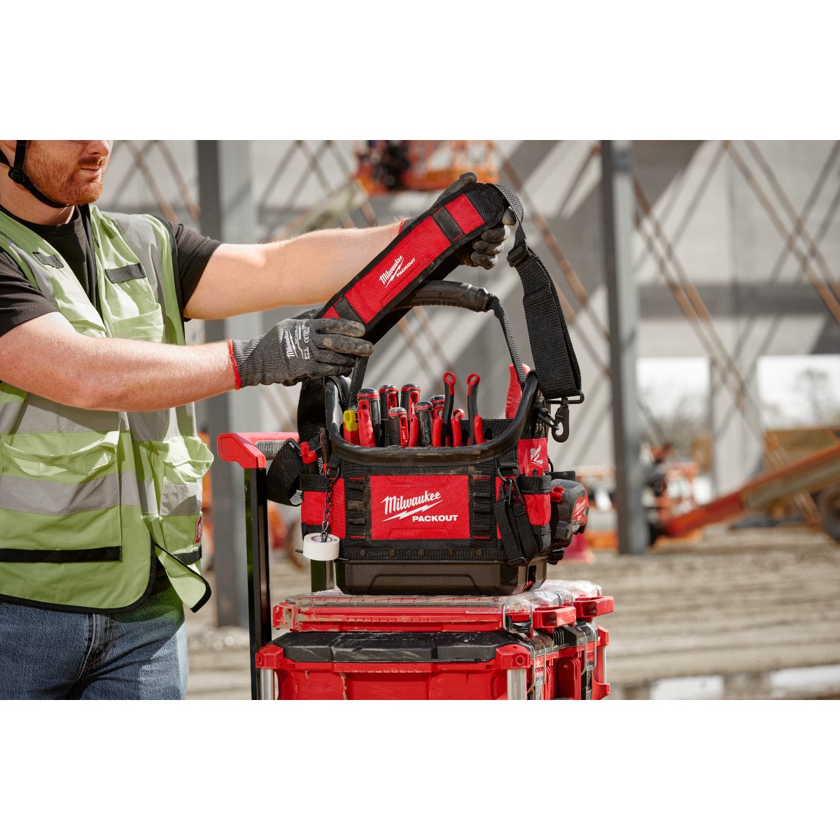 Milwaukee 48-22-8311 PACKOUT™ 10" Structured Tote - in use