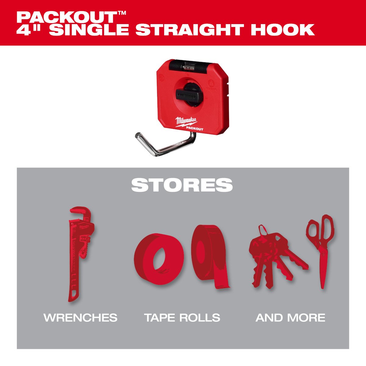 Milwaukee 48-22-8328 PACKOUT™ 4" Single Straight Hook - feature callout
