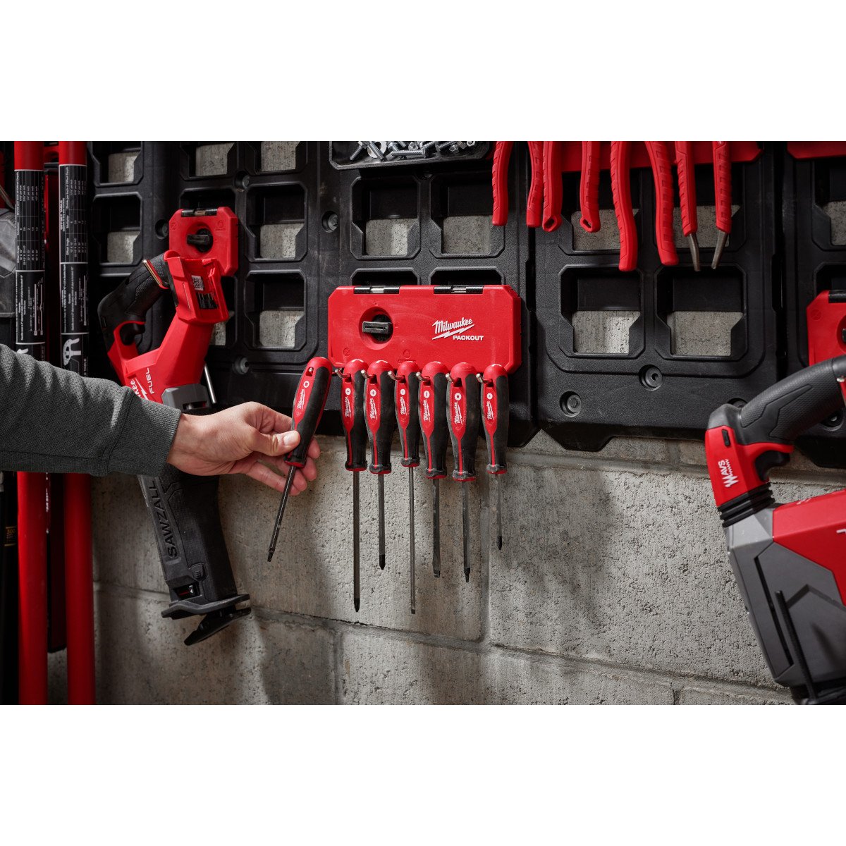 Milwaukee 48-22-8329 PACKOUT™ 7-Hook Rack - in use