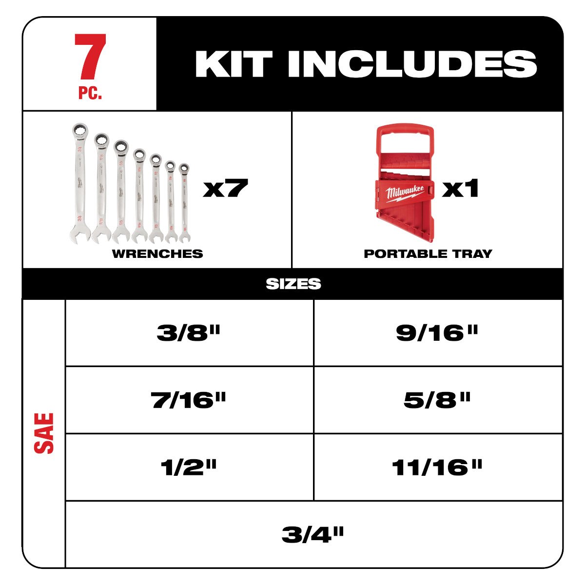 Milwaukee 48-22-9406 7pc Ratcheting Combination Wrench Set - SAE - feature callout