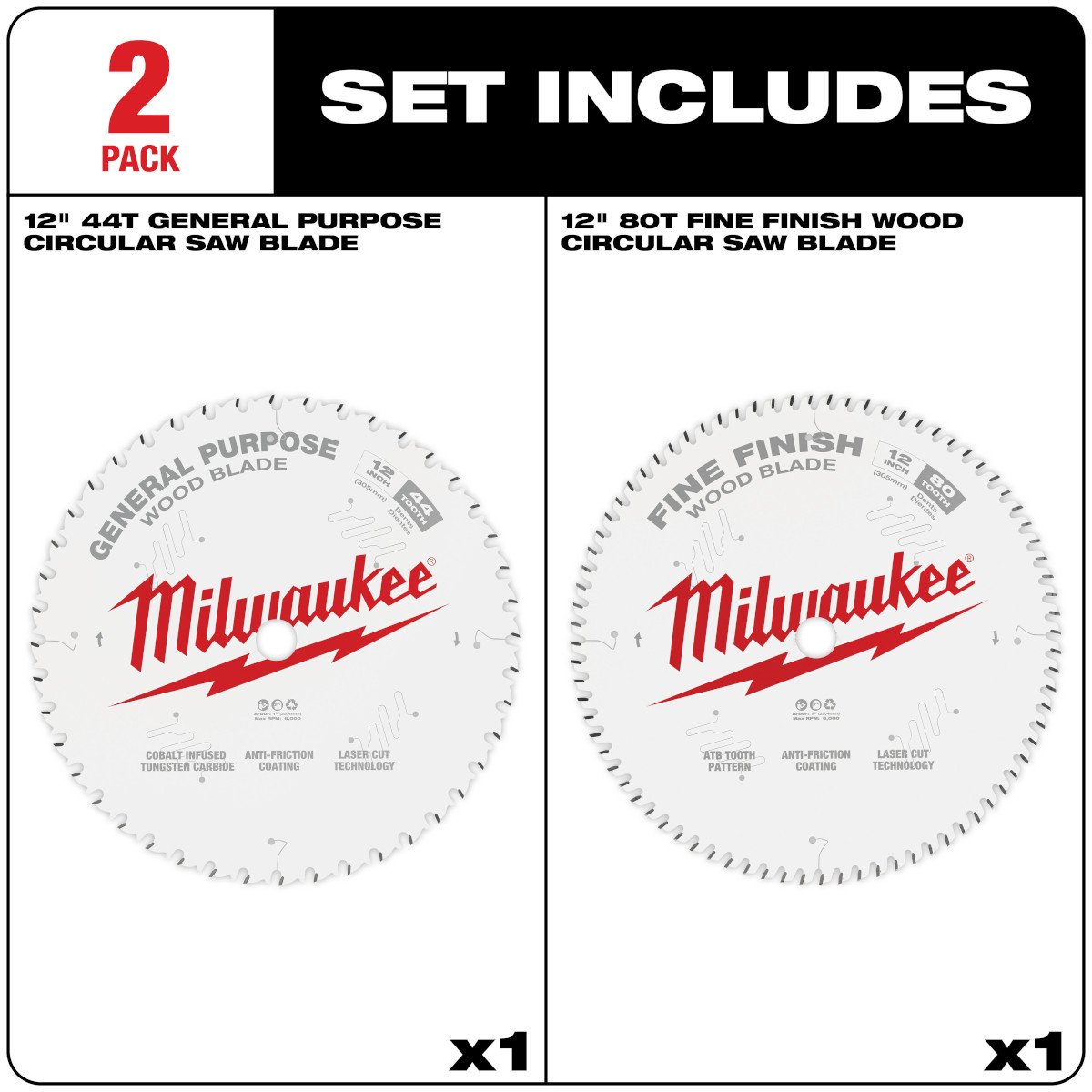 Milwaukee 48-40-1232 12 in. 44T + 80T Two Pack Circular Saw Blade - feature callout