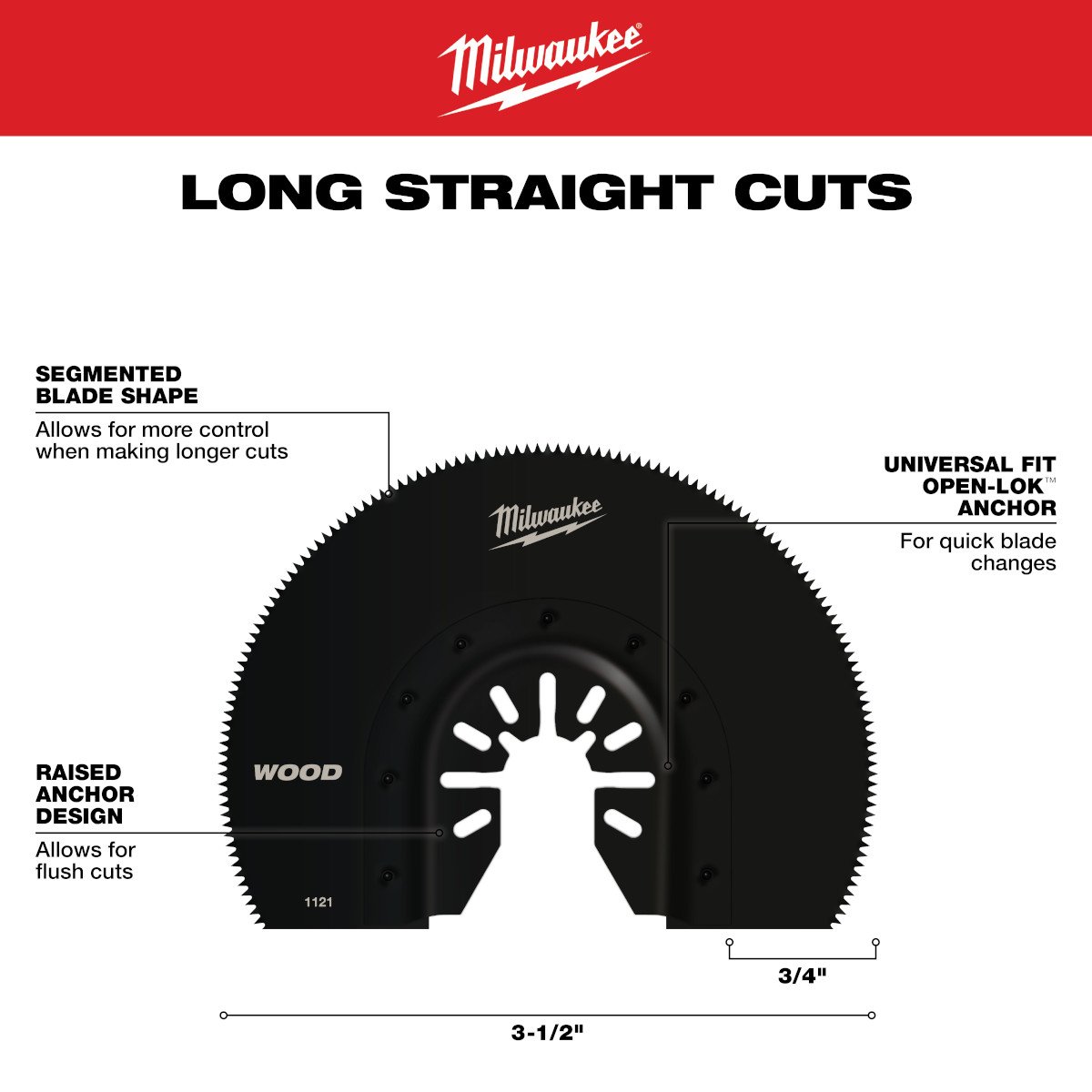Milwaukee 49-25-1121 OPEN-LOK™ 3-1/2" HCS Wood Segmented Multi-Tool Blade - feature callout