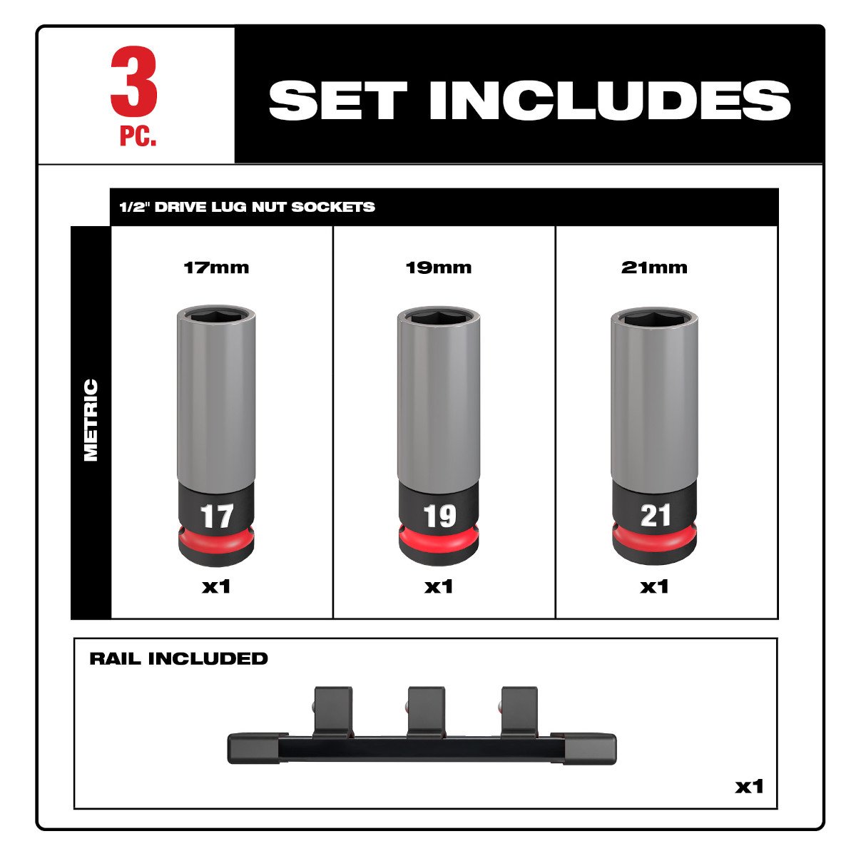 Milwaukee 49-66-7830 SHOCKWAVE Impact Duty™ 1/2 Drive Metric 3PC Lug Nut Wheel Socket Set - feature callout
