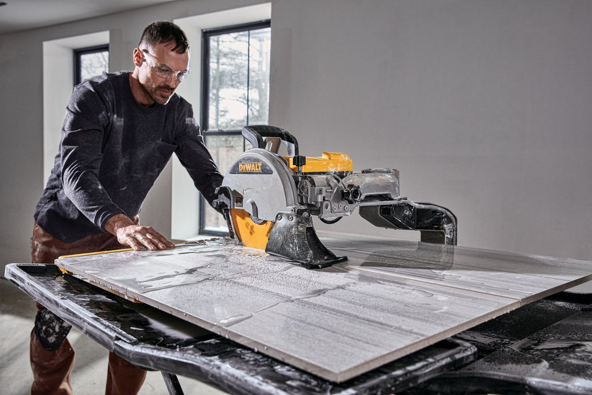 DEWALT D36000S Wet Tile Saw with Stand, High Capacity, 10 in. - in use