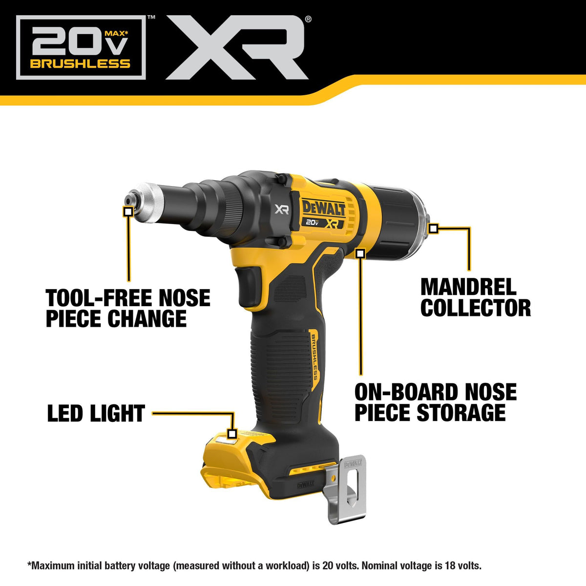 DEWALT DCF403B 20V MAX* XR® Brushless Cordless 3/16'' Rivet Tool (Tool Only) - feature callout