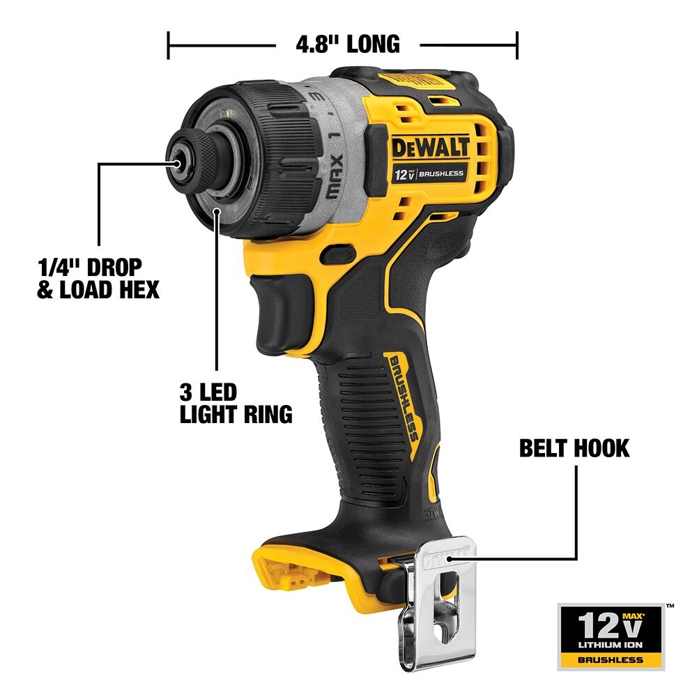 DEWALT DCF601B Xtreme 12V Max Brushless 1/4 In. Cordless Screwdriver (Tool Only) - feature callout