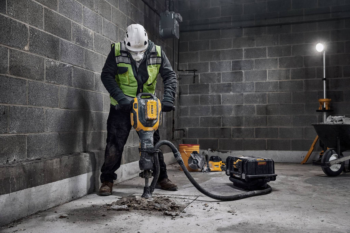 DEWALT DCH966Z2 60V MAX* Cordless Brushless 1-1/8 in 15 Kilo Rotary Hammer Drill Kit (2) FLEXVOLT Lithium - in use